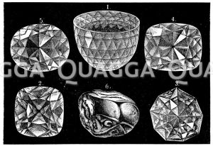 Berühmte Diamanten: 1 Orlow, 2 Regent (bei 6 ungeschliffen), 3 Großherzog von Toscana, 4 Stern des Südens, 5 Kohinoor [Digital]