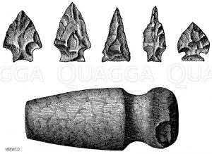 Indianische Steinwerkzeuge aus dem Muschelbett von Keyport in New Jersey. Oben: Pfeil- und Lanzenspitzen, unten ein Tomahawk [Digital]