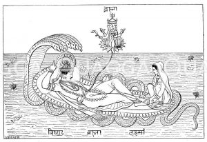 Vischnu und Lakschmi auf der Schlange Ananta mit dem aus der Lotusblume hervorsteigenden Brahma [Digital]