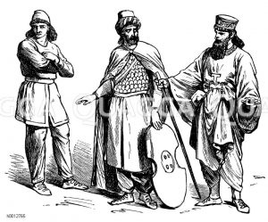 links: Perser, mitte: Persischer Krieger, rechts: Vornehmer Meder in der Kandys [Digital]