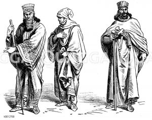 Perser, links: König in der Kandys, mitte: Hofbeamter, rechts: Magier [Digital]