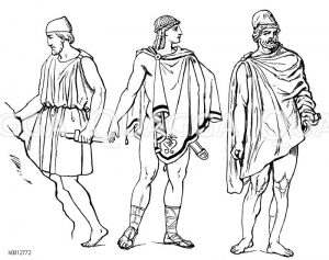 Griechen, links: Dorer in Chiton, mitte und links Ephebe und Krieger in der Chlamys [Digital]