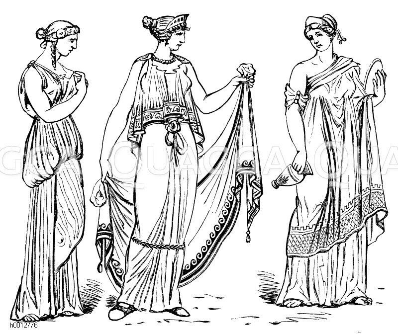 Griechen, links:Damen mit links: Chiton, mitte: mit Doppelchiton, rechts: mit Himátion [Digital]