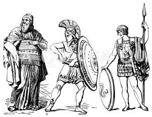 Griechen, links: Priester des Dionysos, mitte und rechts: Krieger [Digital]