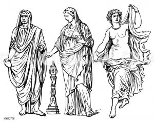 Römer, links: Opferpriester (flamen dialis), mitte: Vestalin, rechts: Tänzerin [Digital]