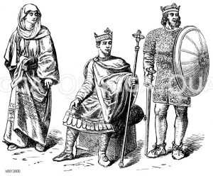 Angelsachsen, links: Vornehme Frau, mitte: König im Ornat, rechts: König in Kriegstracht [Digital]
