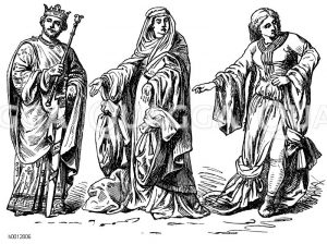 Anglo-Normannen, links: König, mitte: Vornehme Frau, rechts: Leichtfertige Frau [Digital]