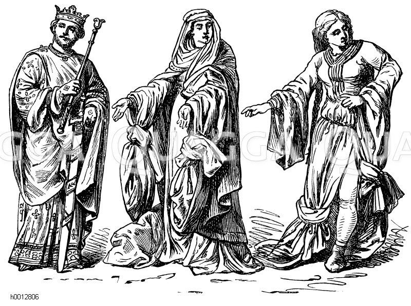 Anglo-Normannen, links: König, mitte: Vornehme Frau, rechts: Leichtfertige Frau [Digital]
