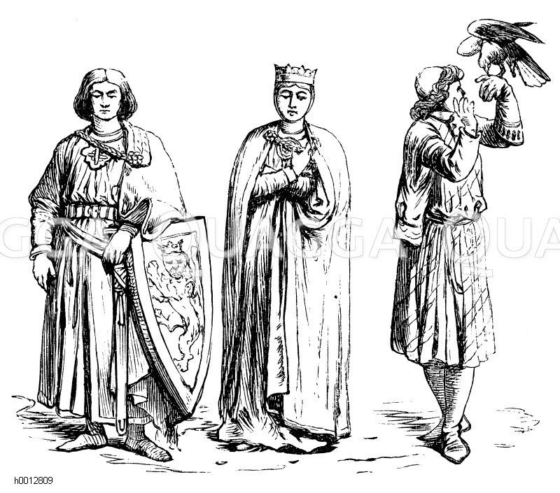 Deutsche (1200-1300), links: Ritter, mitte: Fürstin, rechts: Falkner [Digital]