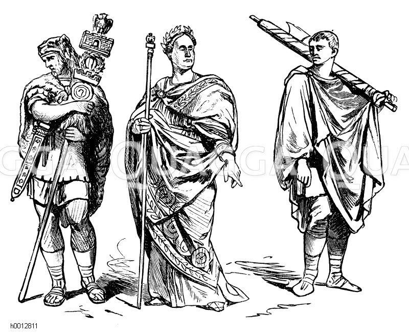 Römer, links Signifer, Germane, mitte: Imperator, rechts: Lictor [Digital]
