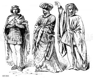 Engländer (1300-1450), links: Fürst, 1350, mitte: Vornehmer Mann, Ende des 14. Jahrhunderts, rechts: Bürger, 1400-1450 [Digital]