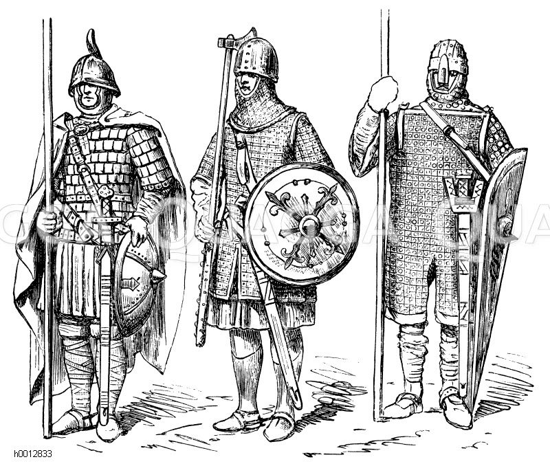 Kriegstracht des Mittelalters, links: 9. Jahrhundert, mitte: 10 ...