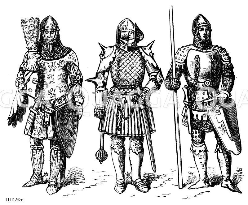 Kriegstracht des Mittelalters, links: Günther von Schwarzburg (gest. 1349), mitte: Frankreich, Zeit Johanns des Guten (1350-1364), rechts: Deutschland (1350-1400) [Digital]