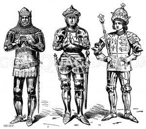 Kriegstracht des Mittelalters, England. Gottische Harnische, links: Ende des 14. Jahrhunderts, mitte: Graf Warwick (gest. 1471), rechts: Richard III. (gest. 1485) [Digital]