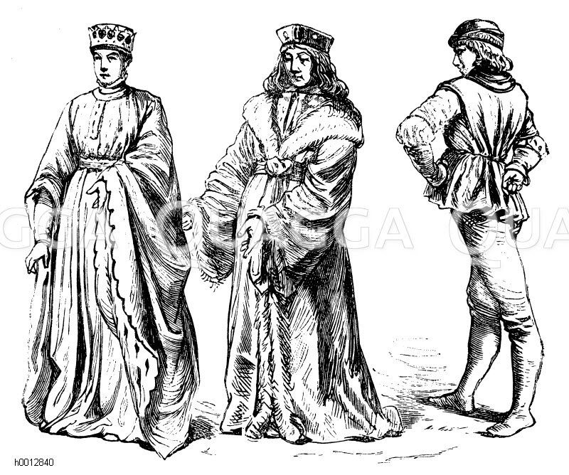 Engländer (1400-1500), links: HeinrichV., 1415, mitte: Vornehmer Mann, zweite Hälfte des Jahrhunderts, rechts: Bürger, zweite Hälfte des Jahrhunderts [Digital]