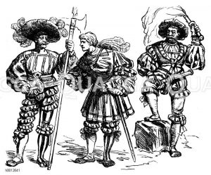 Deutsche Renaissancetracht (1500-1550), links: Landsknecht, mitte: Ritter, rechts: Landsknechtsfähnrich [Digital]