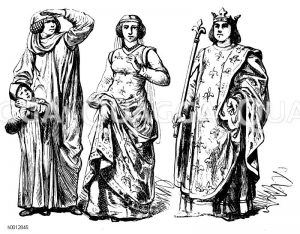 Franzosen (1200-1300), links: Frau mit Kind, mitte: Königin, rechts: König [Digital]
