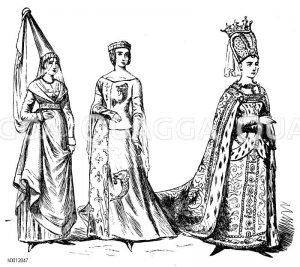 Franzosen (1350-1450), links: Fürstin, 1341, mitte: Fürstin, 1375, rechts: Königin Isabeau (1385-1422) [Digital]