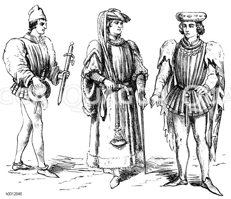 Franzosen (1400-1500), links und mitte: Edelleute unter Karl VII. (1422-1461), rechts: Edelmann, 1415 [Digital]