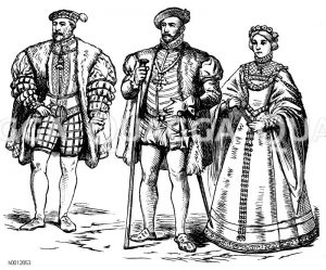 Spanische Tracht (1550-1600), Spanien, seit 1522, links: Karl V. (reg. 1516- 1556), mitte: Don Juan d'Austria (um 1570), rechts: Maria von Portugal, erste Gem. Philipps II. (gest. 1545) [Digital]