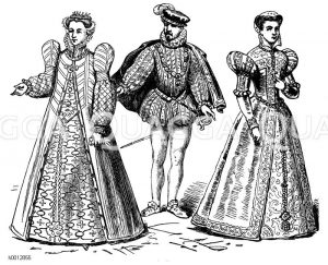 Spanische Tracht (1550-1600), Frankreich, links: Katharina von Medici, geb. 1519, gest. 1589, mitte: Karl IX. (1560-1574), rechts: Maria Stuart, Königin von Frankreich 1559/60 [Digital]