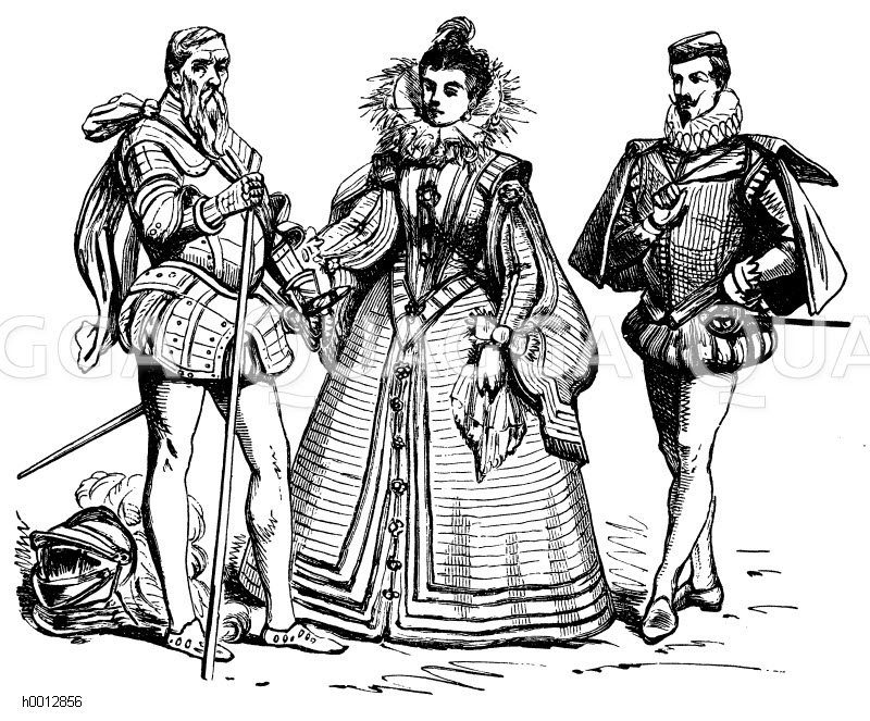Spanische Tracht (1550-1600), Spanien, links: Herzog Alba (1508-1582), rechts: Hoftracht [Digital]