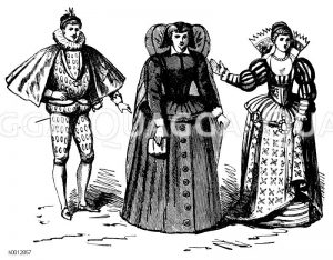 Spanische Tracht (1550-1600), Frankreich, links: Heinrich III. (1574-1589), mitte: Dame in Trauer, rechts: Edelfräulein [Digital]