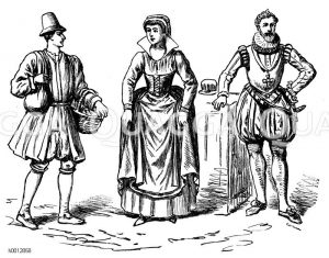 Spanische Tracht (1550-1600), Frankreich, links: Bauer, mitte: Reiche Bäuerin, rechts: Heinrich IV. (1589-1610) vor 1600 [Digital]