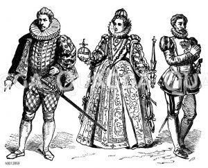 Spanische Tracht (1550-1600), England, links: Lord, mitte: Elisabeth (1558-1603), rechts: Hoher Beamter [Digital]