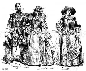 Zeitalter des 30jährigen Krieges (1600-1650), links: Edelleute, rechts: Bürgersfrau [Digital]