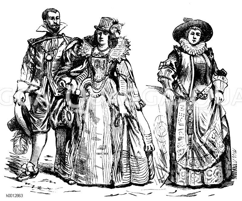 Zeitalter des 30jährigen Krieges (1600-1650), links: Edelleute, rechts: Bürgersfrau [Digital]