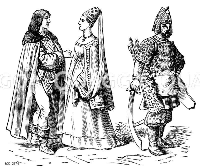Russen, Polen und Ungarn (im 15. und 16. Jahrhundert), links und mitte: Ungarische Edle, 15. Jahrhundert, rechts: Russischer Krieger, Ende 15. Jahrhundert [Digital]