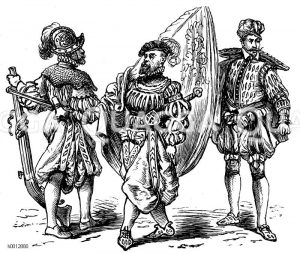 Spanische Tracht (1550-1600), Deutschland, Pludermode, links und mitte: Landsknechte, 1556 [Digital]