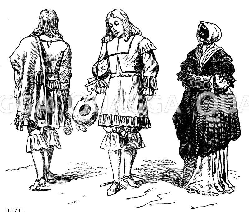 Allongetracht (1650-1720), links und mitte: Kavaliere, um 1660, rechts: Dame auf der Straße, 1662-70 [Digital]