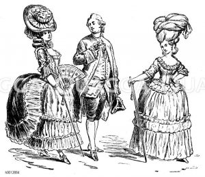 Trachten der Zopfzeit und der Revolution (1750-1805): links: Mann und Frau in französischer Galakleidung, rechts Mädchen aus Nantes, 1768 [Digital]
