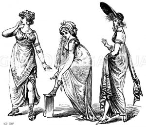 Zopfzeit und Revolutionstrachten (1750-1805), 2 Frauen lins: Griechische Tracht, 1795-1799, rechts: Merveilleuse 1795-1797 [Digital]