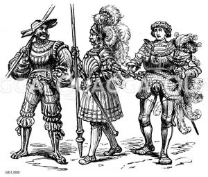 Kriegstracht der neueren Zeit, 2 Männer Links: Landsknecht, 153-1540, halbe Rüstung, rechts: Maximiliansrüstung, 1500 [Digital]