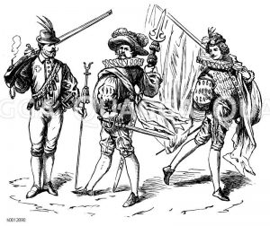 Kriegstracht der neueren Zeit, links: Französischer Musketier, 1572, rechts: französische Soldaten, Zeit Heinrich III. [Digital]