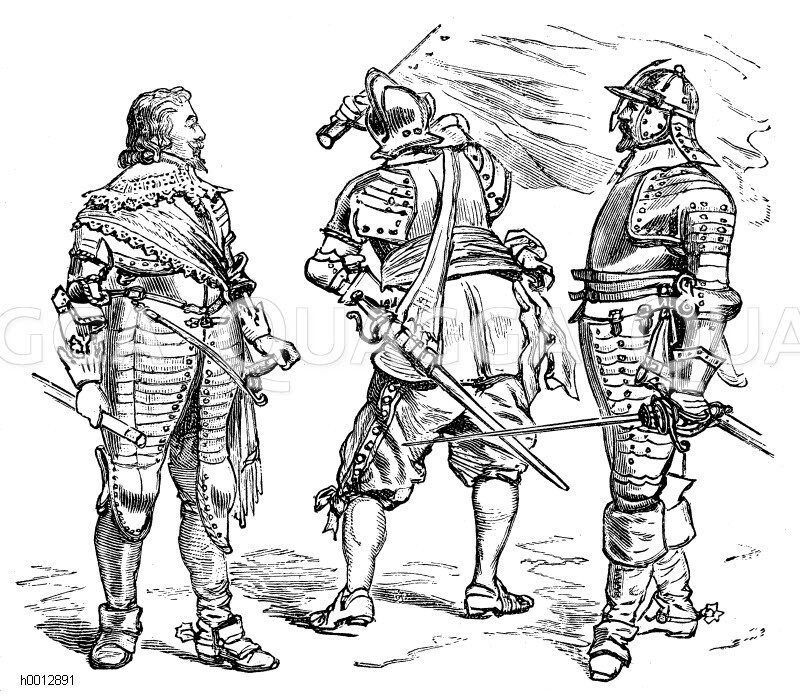 Kriegstracht der neueren Zeit, Links: Bernhard von Weimar, rechts Soldaten, 30er Jahre des 17. Jh. [Digital]