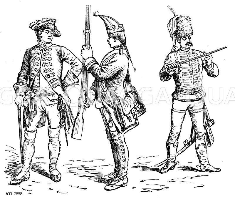 Kriegstracht der neueren Zeit, Preußen 1760, links Gardeoffizier, mitte: Grenadier, rechts: Husarenoffizier [Digital]