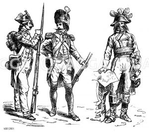 Kriegstracht der neueren Zeit, Frankreich, links Infanterist 1799, mitte Grenadier 1795, rechts: General 1795 [Digital]