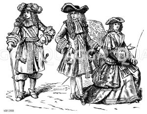 Allongetracht (1650-1720), links: Ludwig XIV. seit 1670 in Kriegstracht, mitte: Ludwig XIV. seit 1670, im Hofkleid, rechts: Elisabeth Charlotte von Orleans im Reitkleid [Digital]