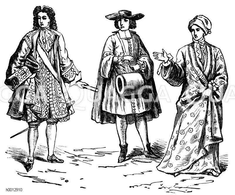 Allongetracht (1650-1720), links: Prinz von Conti, 1697, mitte: Abbé, um 1700, rechts: Vornehmer Mann im Schlafrock um 1700 [Digital]