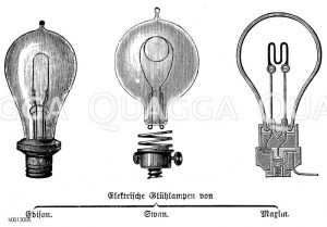 Elektrische Glühlampen von Edison (links), Swan (mitte), Maxim (rechts) [Digital]