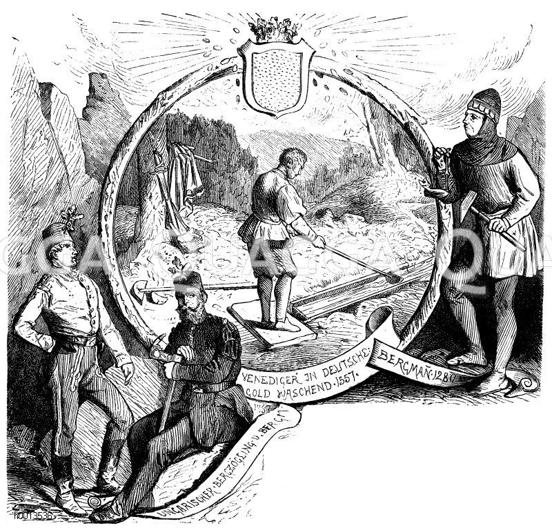 Ungarischer Bergzögling (links), Venediger in Deutschland Gold waschend (mitte), Bergman (rechts) [Digital]