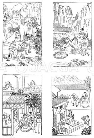 Brechen des Feldspats (links oben, Stampfen des Feldspats (rechts oben), Formen auf der Scheibe (links unten), Brennen in offenen und geschlossenen Öfen (rechts unten) [Digital]