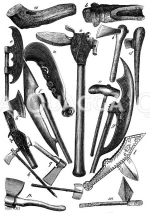 Äxte und Beile verschiedener Zeiten und Völker. a) Hirschhornaxt, b) Steinbeil, c) Beilhammer, d) Holmaxt aus dem Zeitalter der Pfahlbauten, e) Steinaxt Schamyl’s, f, g, h) altrussische Streitäxte (aus Tsarskoe Selo), i, k, l, m) indianische Streitäxte, n, o) Streitäxte der Südsee-Insulaner, p, q) deutsche Zimmermannsäxte aus der Gegenwart [Digital]
