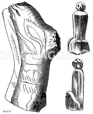 141) Zeichnung auf einem Rentiergeweih aus dem Trou Magrite bei Pont-á-Lesse. 142, 143) kleine Statuetten aus dem Trou Magrite bei Pont-á-Lesse [Digital]