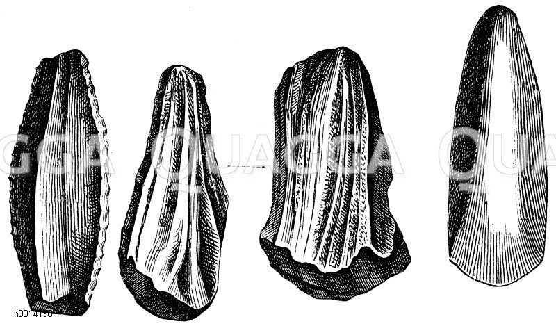 149) Steinkern aus der Werkstätte von Pressigny. 150) Schleifstein von der Seite. 151) Schleifstein vorn gesehen. 152) geschliffenes Steinbeil [Digital]