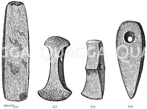 Steinäxte und Steinhämmer aus Dänemark. 156) Beil, 157) Zweischneidiges Beil. 158, 159) Beilhämmer [Digital]